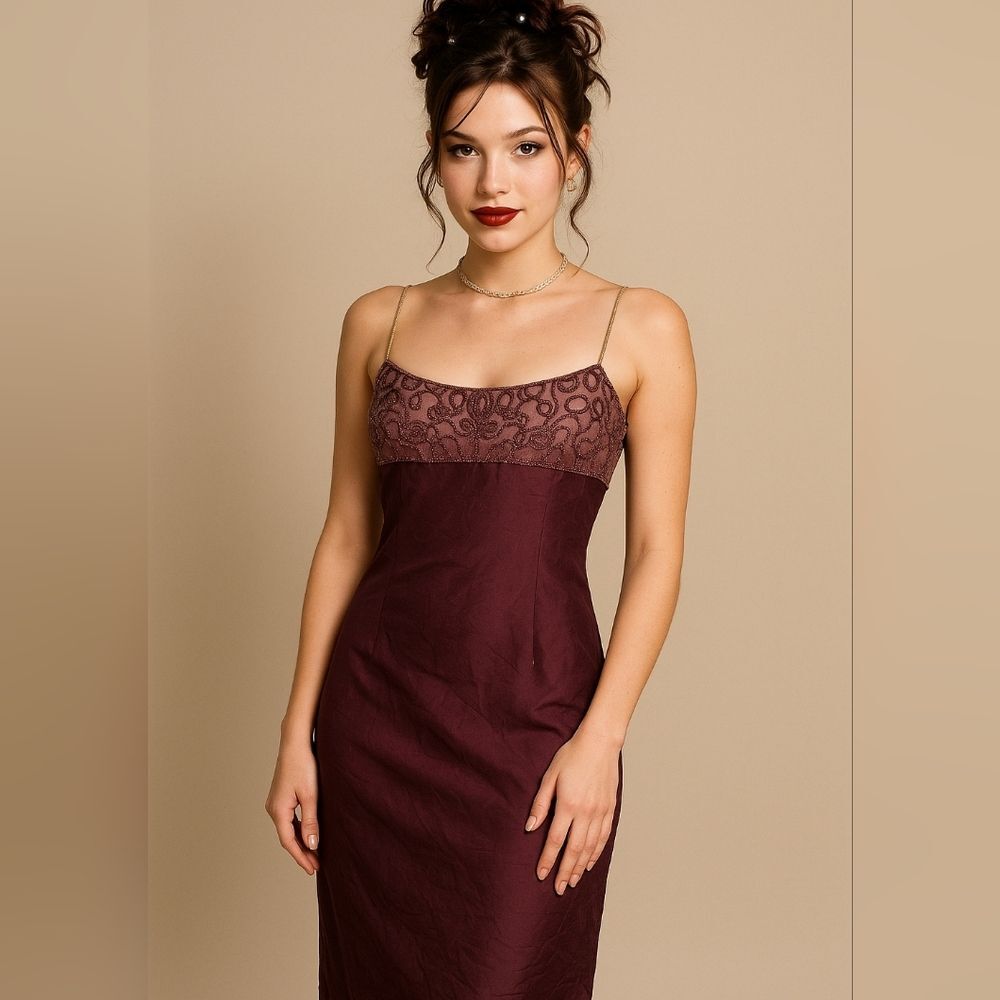 Vintage Laundry By Shelli Segal 1995 Embroidered Leaf Formal Burgundy Dress 10 - Picture 1 of 15